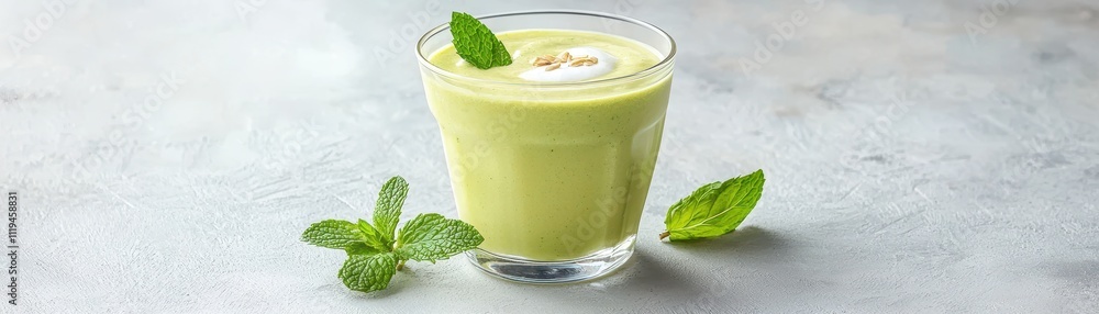 A refreshing green smoothie garnished with mint leaves, served in a clear glass on a textured surface. A refreshing green smoothie garnished with mint leaves, served in a clear glass on a textured surface.