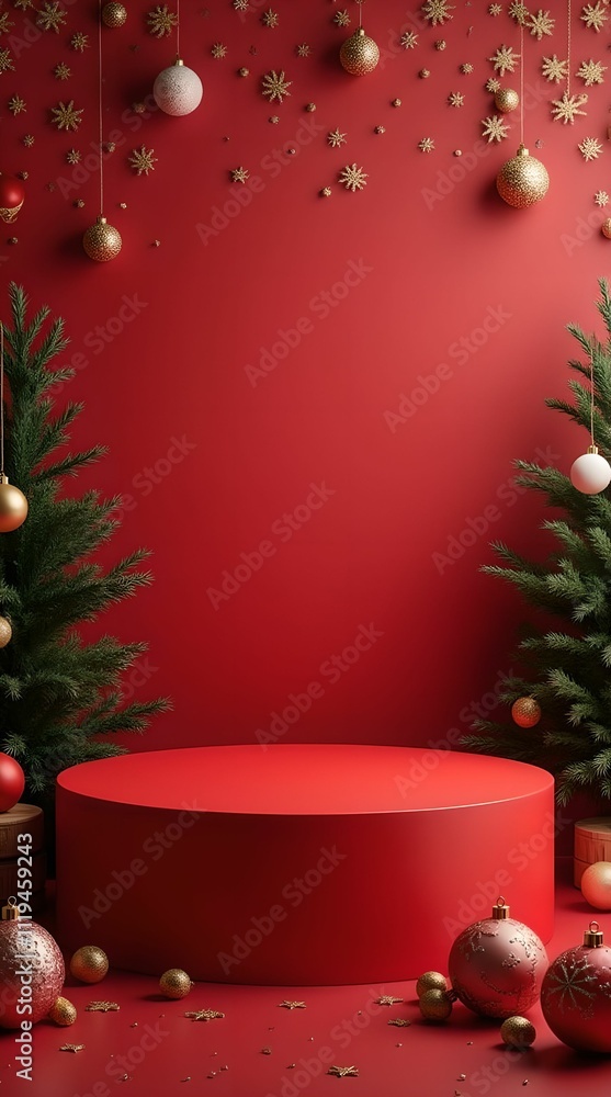 Red podium, pedistal, in New Year's style, surrounded by festive decorations, including Christmas tree balls and snowflakes, creating a cozy festive atmosphere. Red podium, pedistal, in New Year's style, surrounded by festive decorations, including Christmas tree balls and snowflakes, creating a cozy festive atmosphere.