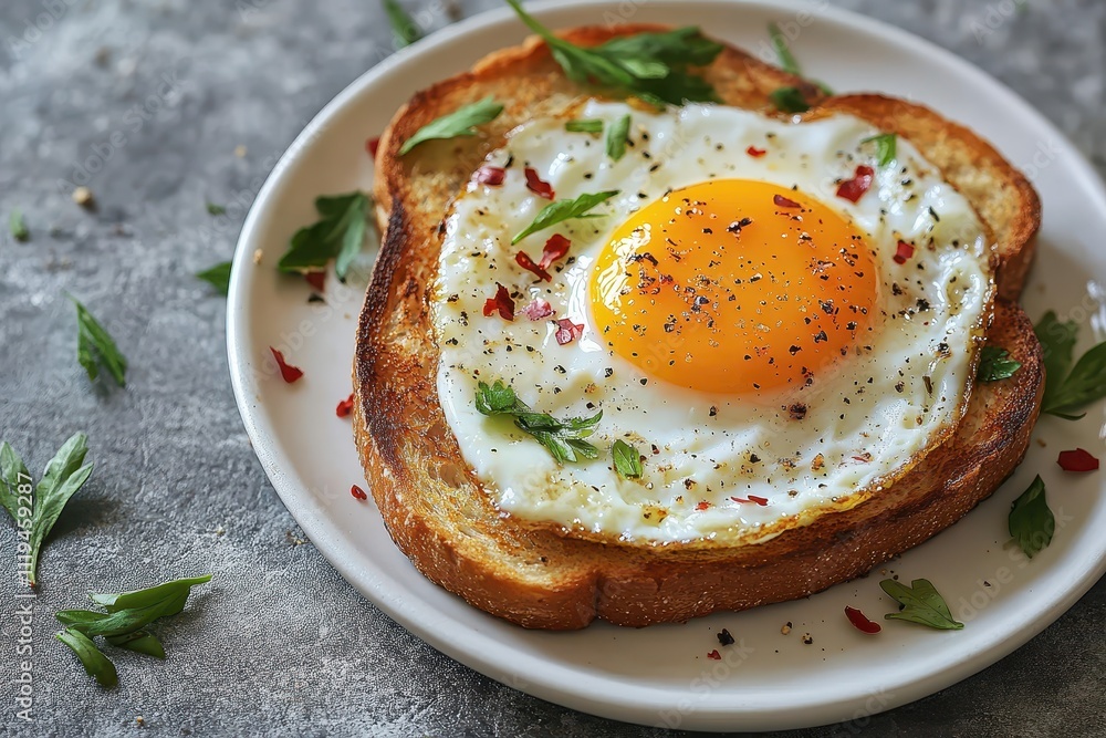 Classic Sunny-Side-Up Egg on Toast on a White Plate Classic Sunny-Side-Up Egg on Toast on a White Plate