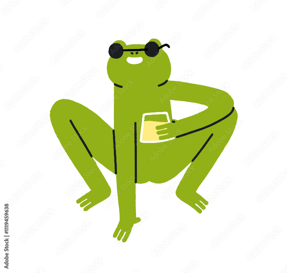 Obraz premium Funny frog holding lemonade glass. Cute happy smiling animal character in sunglasses drinking alcohol beverage, enjoying in humor pose. Comic flat vector illustration isolated on white background