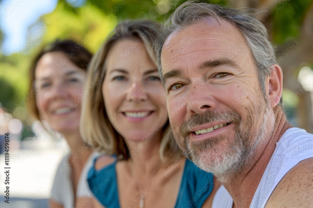 Portrait of smiling senior couple with their adult daughter in the background Portrait of smiling senior couple with their adult daughter in the background