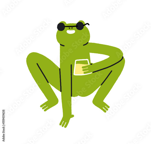 Funny frog holding lemonade glass. Cute happy smiling animal character in sunglasses drinking alcohol beverage, enjoying in humor pose. Comic flat vector illustration isolated on white background