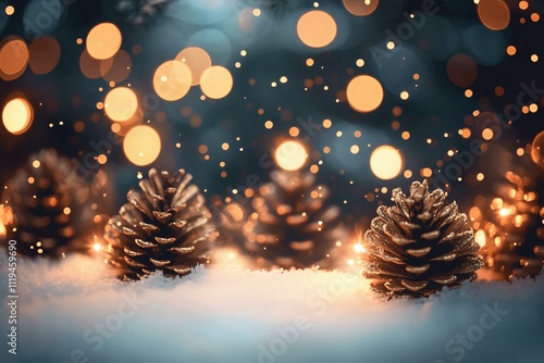 Golden Pine Cones in Snowy Winter Scene with Bokeh Lights