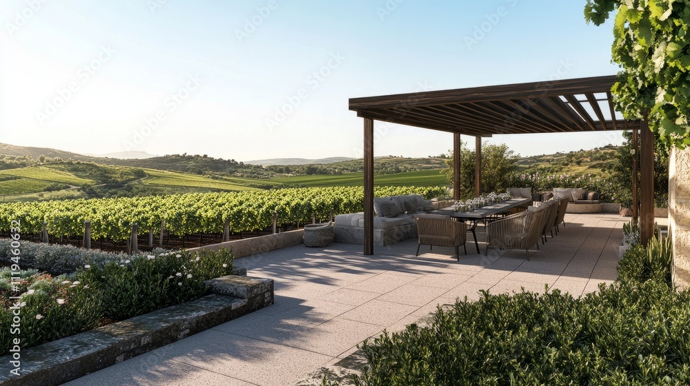 Relaxing rooftop space featuring a shaded pergola, cozy dining furniture, and unobstructed views of green vineyards and rolling hills Relaxing rooftop space featuring a shaded pergola, cozy dining furniture, and unobstructed views of green vineyards and rolling hills