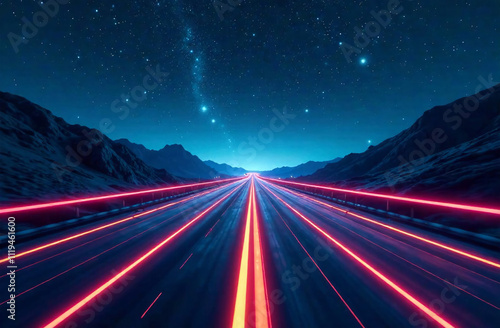 Night road with light trails and starry sky, 3d rendering photo