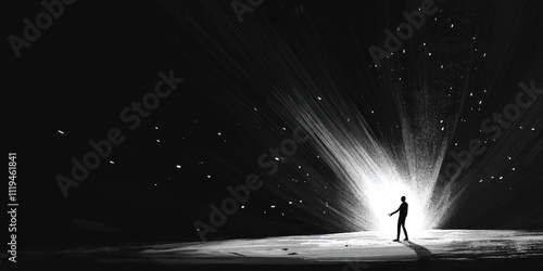 A solitary figure approaches a radiant light source