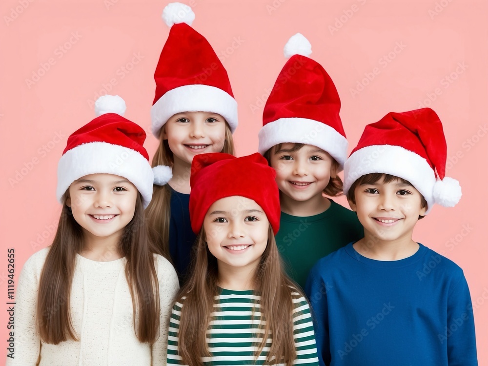 Children wearing Christmas hats on a blank background. Children wearing Christmas hats on a blank background.