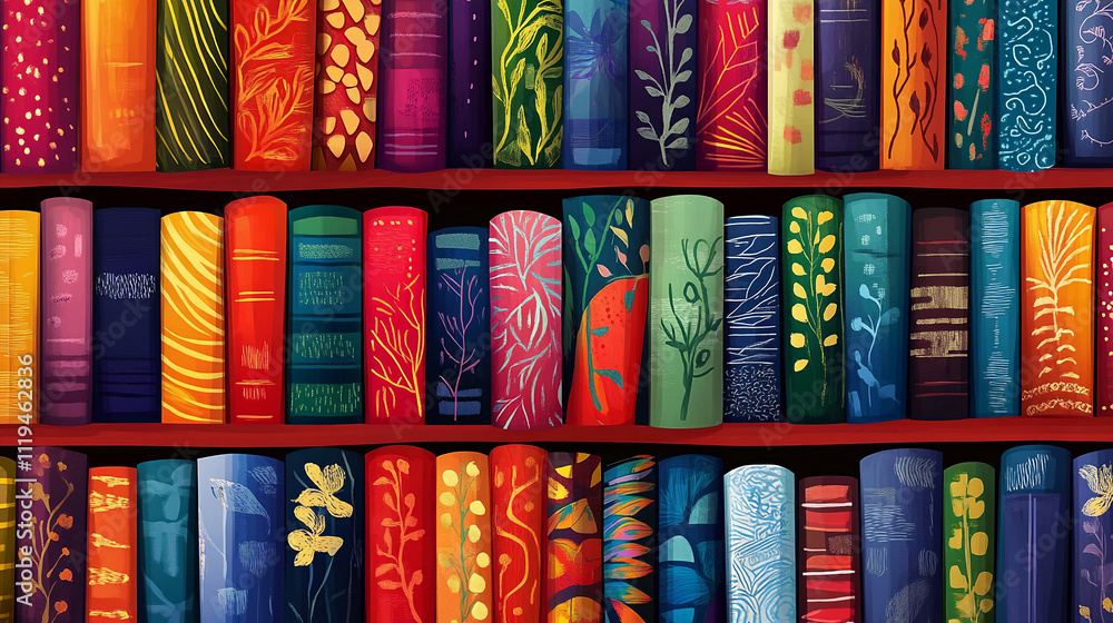 Colorful Bookshelf with Varied Book Spines on Wooden Shelves Colorful Bookshelf with Varied Book Spines on Wooden Shelves