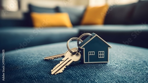 Wallpaper Mural House keys on a blue couch, representing homeownership, real estate, and new beginnings. Torontodigital.ca