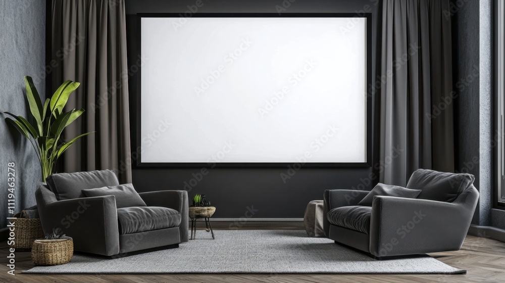 Sleek home theater with a blank wall-mounted screen, neutral curtains, and cozy recliners. Sleek home theater with a blank wall-mounted screen, neutral curtains, and cozy recliners.