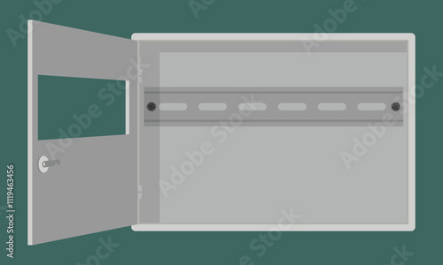 Empty circuit breaker box with mounted DIN rail. Vector illustration