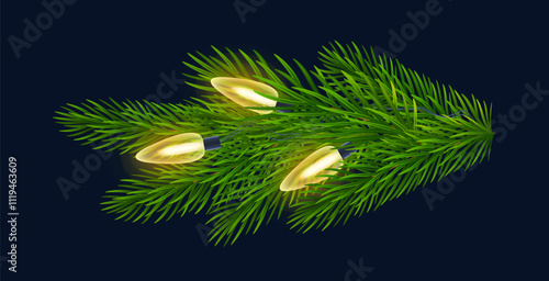 Shimmering golden garland adorns lush fir branch on blue background. For seasonal holiday New Year, Christmas greetings, events. Vector illustration