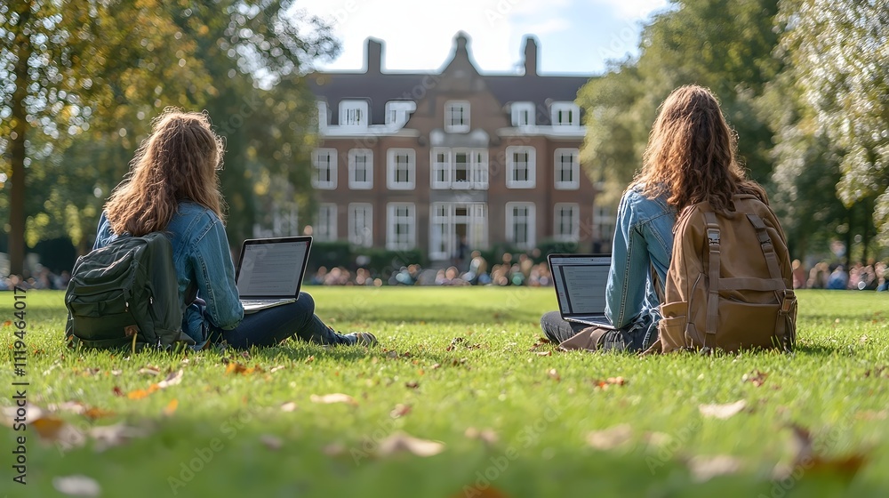 Two women sitting on the grass with backpacks and laptops Two women sitting on the grass with backpacks and laptops