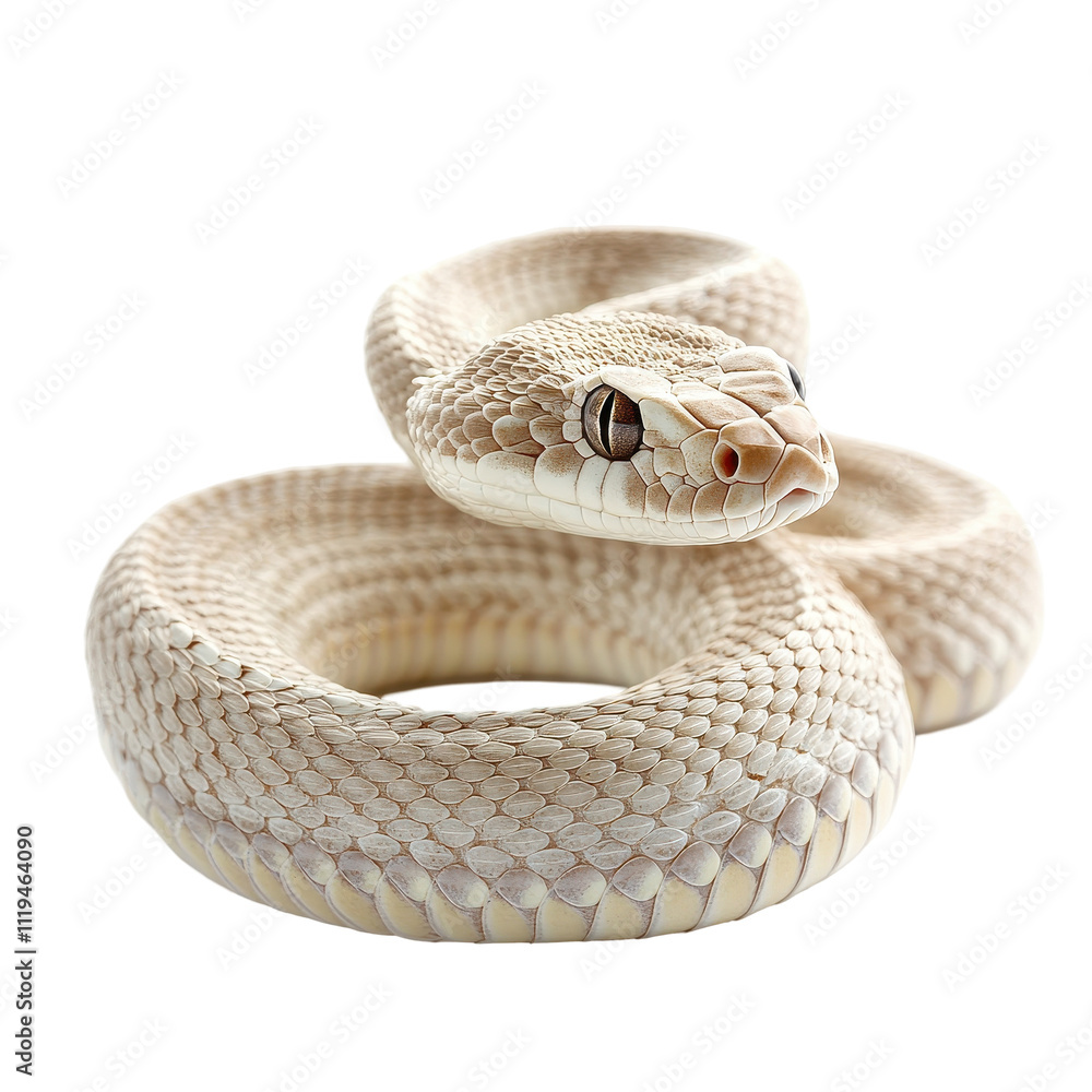Fototapeta premium A white snake is curled up on a white background