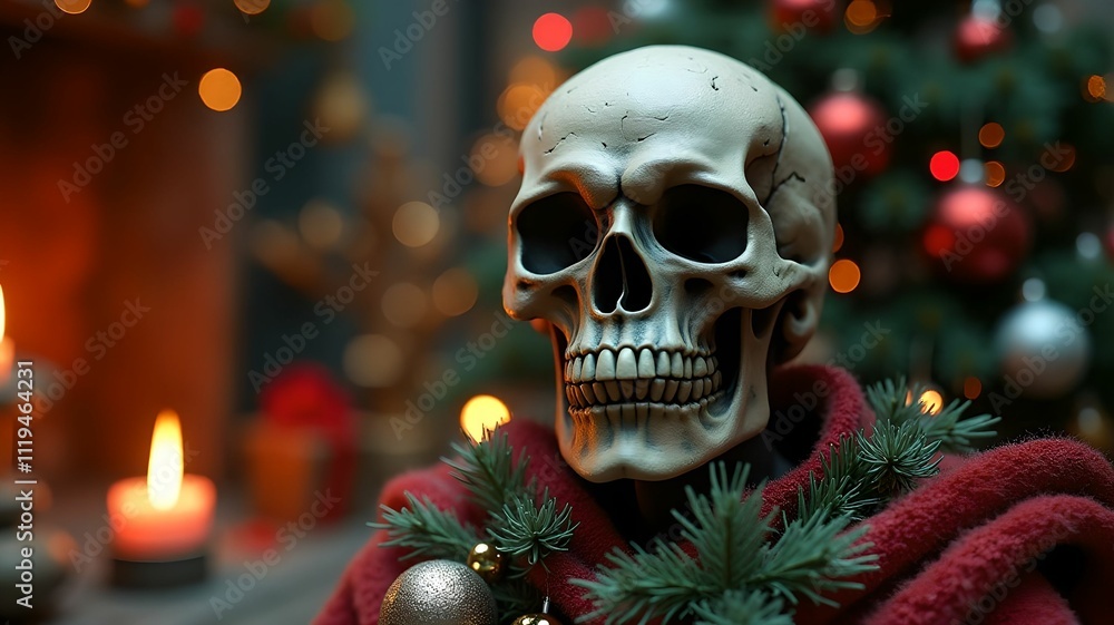 Horror themed Christmas decor with funny skull skeleton and festive New Year decorations Horror themed Christmas decor with funny skull skeleton and festive New Year decorations