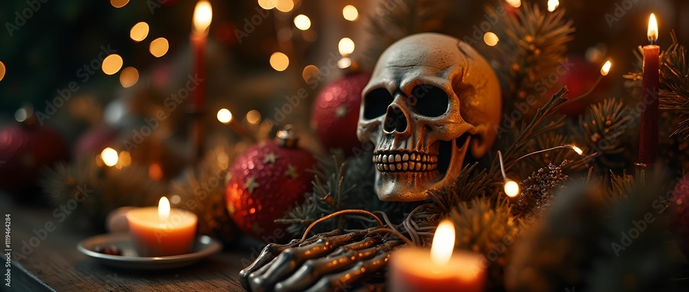 Horror themed Christmas decor with funny skull skeleton and festive New Year decorations Horror themed Christmas decor with funny skull skeleton and festive New Year decorations