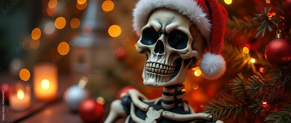 Horror themed Christmas decor with funny skull skeleton and festive New Year decorations Horror themed Christmas decor with funny skull skeleton and festive New Year decorations