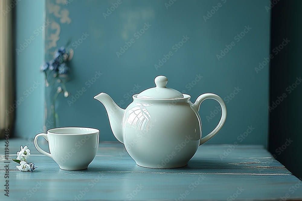 White teapot and cup on serene blue backdrop with flowers White teapot and cup on serene blue backdrop with flowers