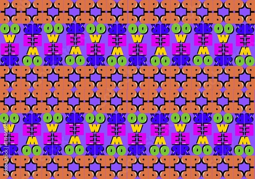 Retro Funk Typography Pattern: Vibrant seamless pattern featuring bold retro typography with colorful letters and abstract shapes on a purple background. Perfect for graphic design, posters, packaging