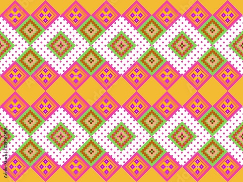 Geometric Folk Art Patchwork: geometric motifs with pixelated folk art designs in colorful diamond shapes, accented by polka dots and bold hues. Ideal for textiles, wallpapers, and creative graphic 