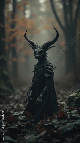 Dark fantasy creature standing in a spooky forest