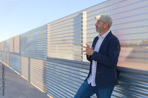 Elegant mature man standing calm and pensive with his gaze lost in the city