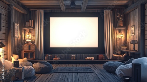 Small home theater with a pristine blank screen, blackout curtains, and cozy seating arrangements.