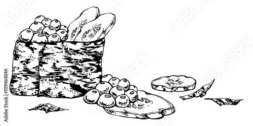 Traditional Japanese food, gunkan sushi with raw fish salmon caviar, rice, cucumber slices, nori flakes, hand drawn in vector pen and ink. Illustration for restaurant, cafe menu, kitchen, recipe book