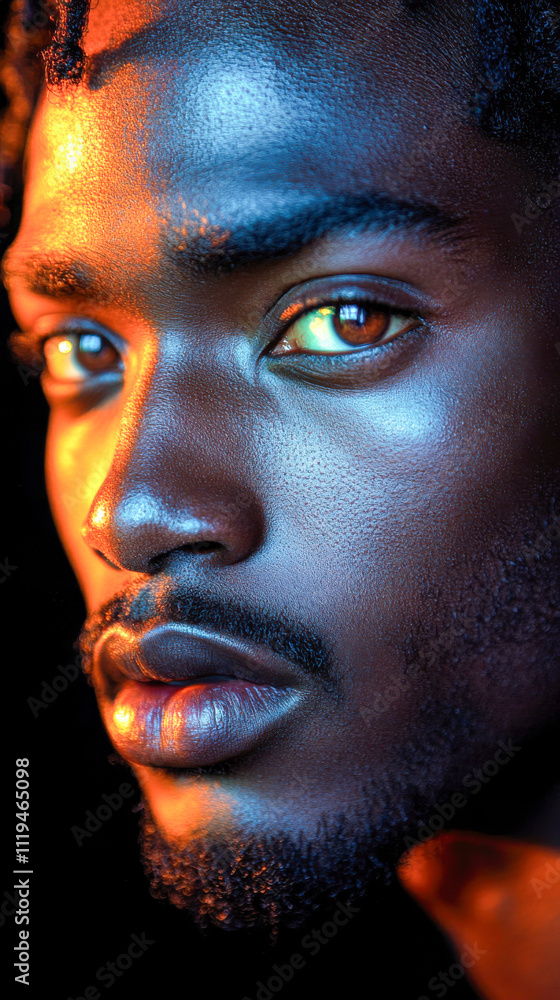 Close-up of a young man with smooth skin in dramatic lighting Close-up of a young man with smooth skin in dramatic lighting