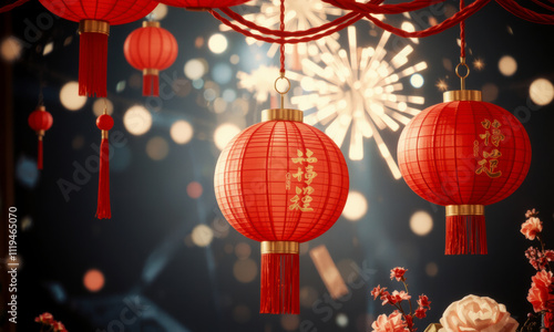 Festive red lanterns hang against backdrop of fireworks, creating vibrant atmosphere for celebrations. scene captures essence of joy and tradition photo