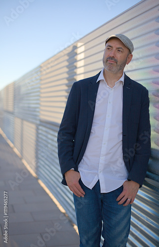 Elegant mature man standing calm and pensive with his gaze lost in the city