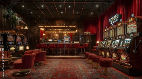 A casino with a red carpet and red chairs