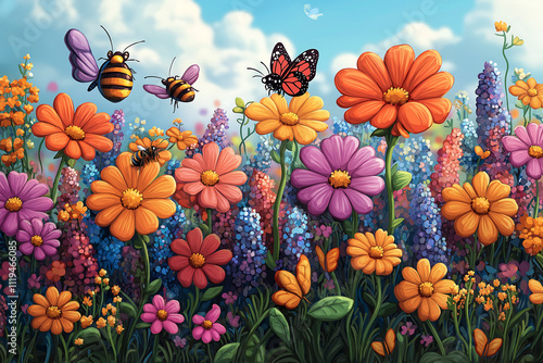 flowers blooming in garden, vector art style, spring background, generative ai