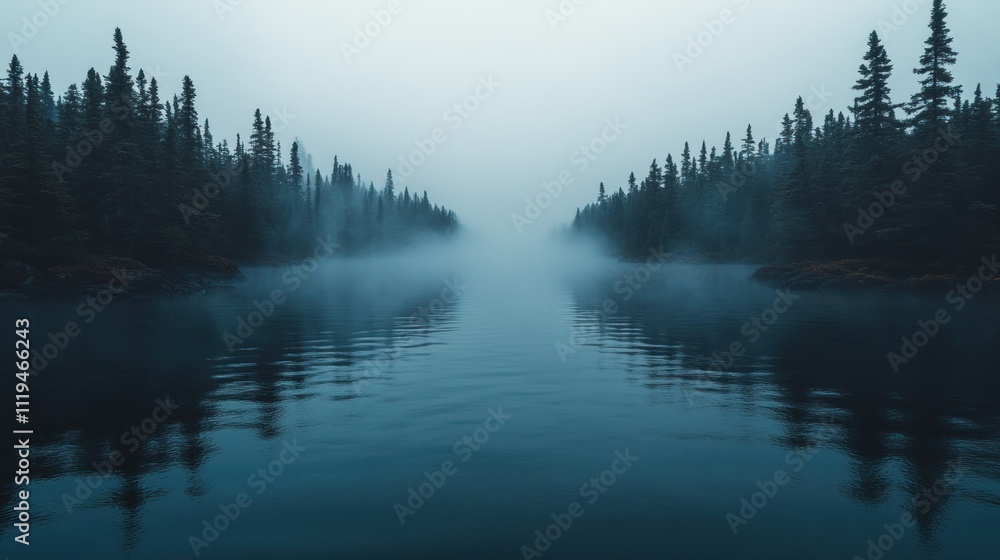 Fototapeta premium Misty lake shrouded in fog between dark evergreen trees.