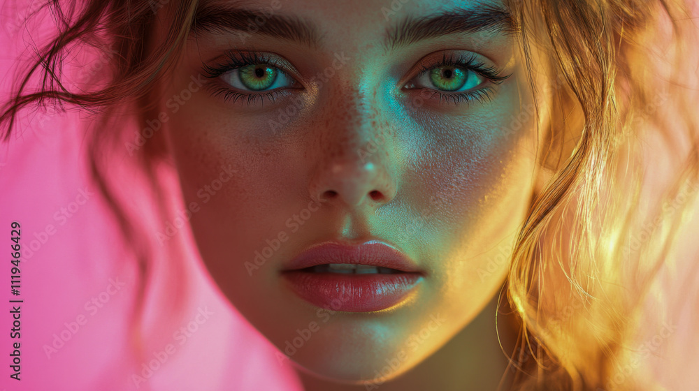 Close-up portrait of young woman with freckles and long hair in soft lighting Close-up portrait of young woman with freckles and long hair in soft lighting