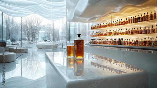 Luxury prada café with whisky and cocktails on white glass table. photo