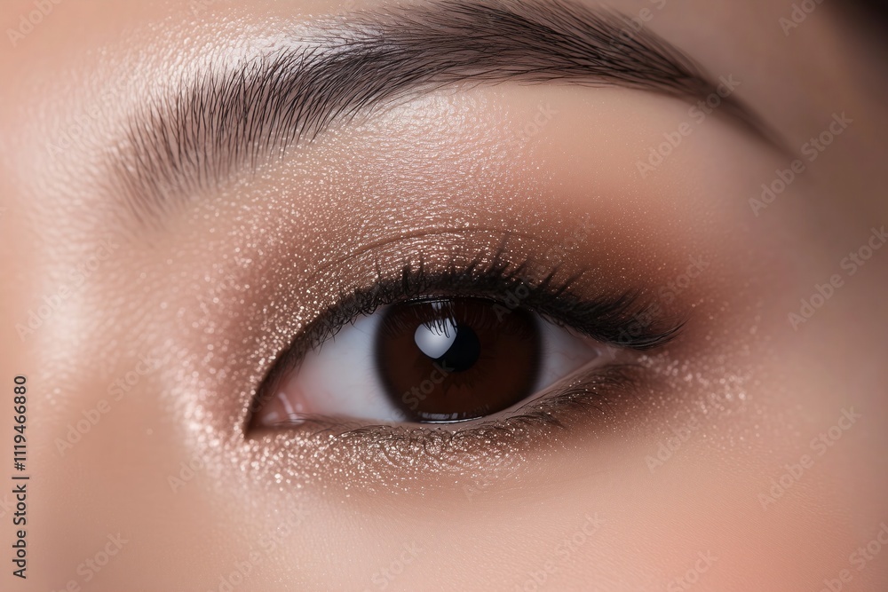 Obraz premium 2025 color trend Asian woman close up detail wearing shiny muted mocha brown eyeshadows, on a mocha brown background