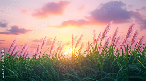 Sunset Grassland Illustration: Pink Pampas Grass at Golden Hour