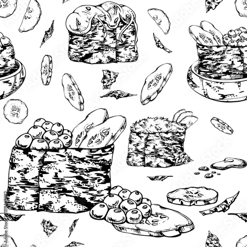 Traditional Japanese food, gunkan sushi with raw fish salmon tuna crab, nori wrap, caviar cucumber chuka hand drawn in vector pen, ink. Seamless pattern for kitchen, restaurant cafe menu, recipe book