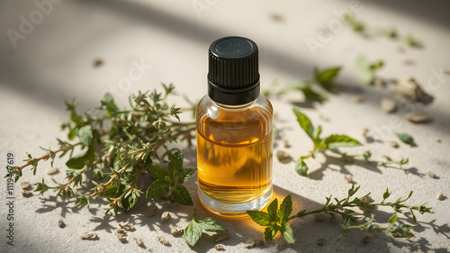 Thyme extract essential oil with fresh thyme herbs isolated on white background.medicine herbs. Natural beauty skin care products. photo