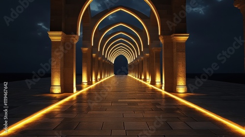 Stunning arches with illuminated details create a glowing architectural marvel in a quiet, serene nighttime setting.