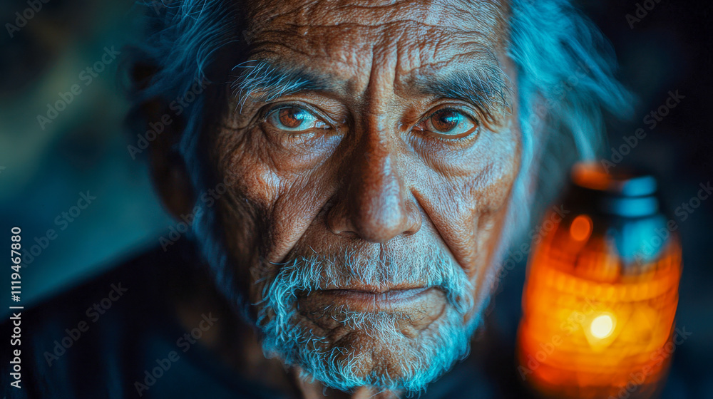 Elderly man with lantern in dark setting with intense expression Elderly man with lantern in dark setting with intense expression