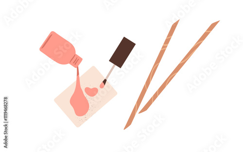 Nail polish and orange wooden sticks. Varnish bottle, brush and cuticle pusher. Manicure and pedicure tools, accessories for beauty care. Flat vector illustration isolated on white background