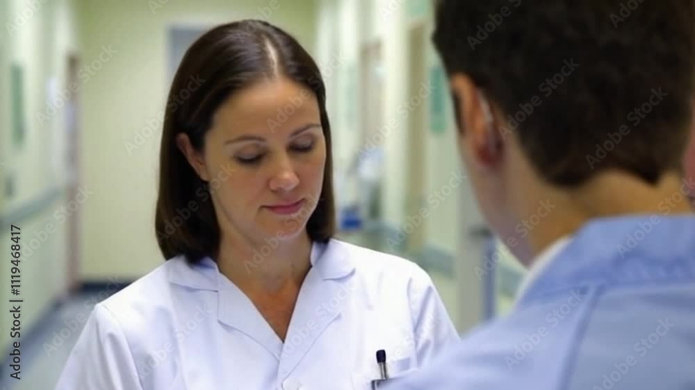 Wide Shot of Licensed Practical Nurse Collaborating with Medical Team in Hospital Corridor Wide Shot of Licensed Practical Nurse Collaborating with Medical Team in Hospital Corridor