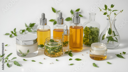 Natural skin care beauty products, Natural organic botany extraction and scientific glassware.Natural beauty skin care products.