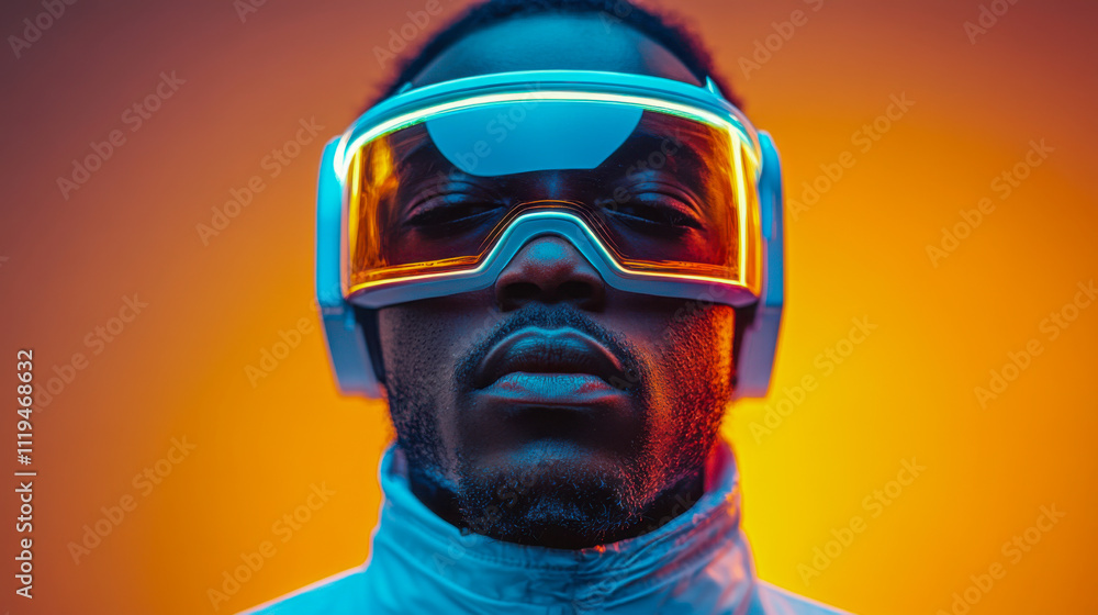 Futuristic african american man wearing high-tech visor against vibrant orange background Futuristic african american man wearing high-tech visor against vibrant orange background