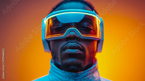 Futuristic african american man wearing high-tech visor against vibrant orange background