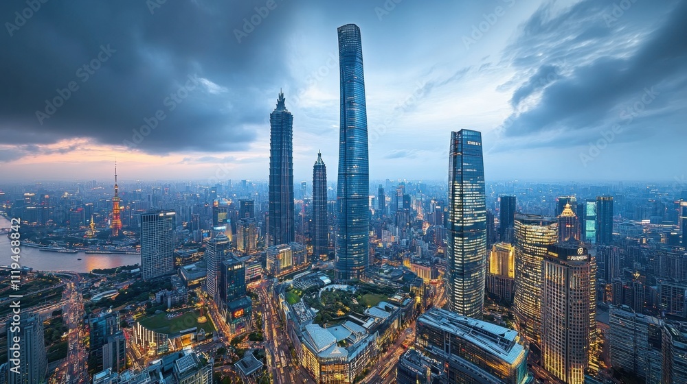 Fototapeta premium Tall skyscrapers in a peaceful cityscape under the soft light of a cloudy New Years night sky.