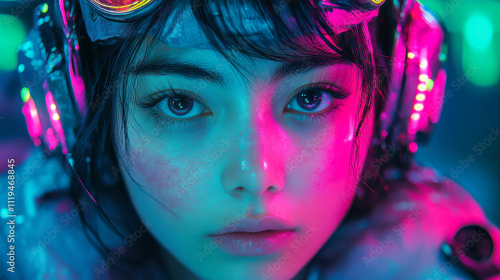 Futuristic portrait of woman with neon lights and headphones in night setting Futuristic portrait of woman with neon lights and headphones in night setting