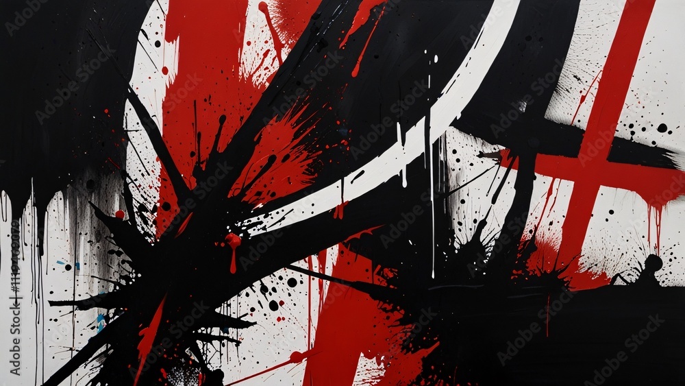 Fototapeta premium A bold abstract composition with chunky black shapes, sharp red streaks, and splashes of white paint, evoking the feel of modern street art.